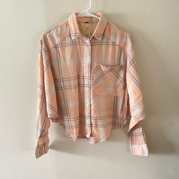 Free People Tops - Free People Cutie Plaid Button-Up Shirt Womens XS Peachy Casual Cropped Top